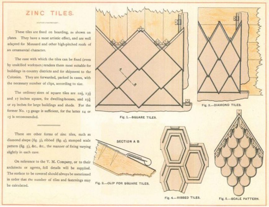 Zinc tiles: ‘These tiles are fixed on boarding, as shown on the plates. They have a most artistic effect, and are well adapted for Mansard and other high-pitched roofs of an ornamental character.’