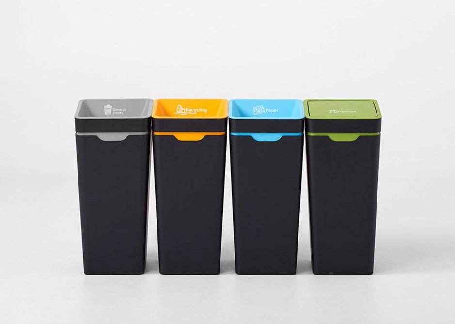 A UK Method recycling station featuring general waste, mixed recycling, paper and organics streams.