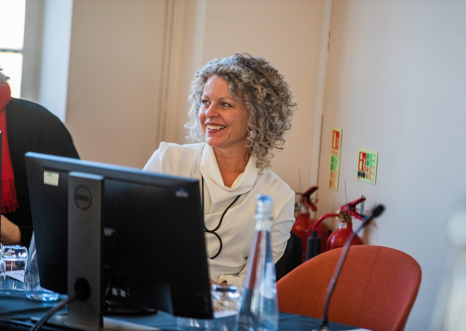 Nicky Watson, RIBA Vice President for Education and Director of JDDK Architects at RIBA Royal Medal Crit, 2019. Credit: Black Edge Productions, courtesy RIBA.