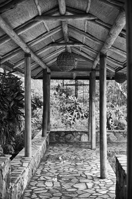 A cabin's covered walkway.