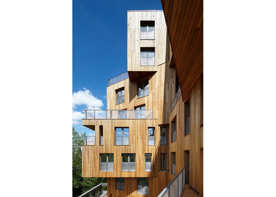 Wenlock Cross, London, by HawkinsBrown uses engineered timber alongside a steel structure.