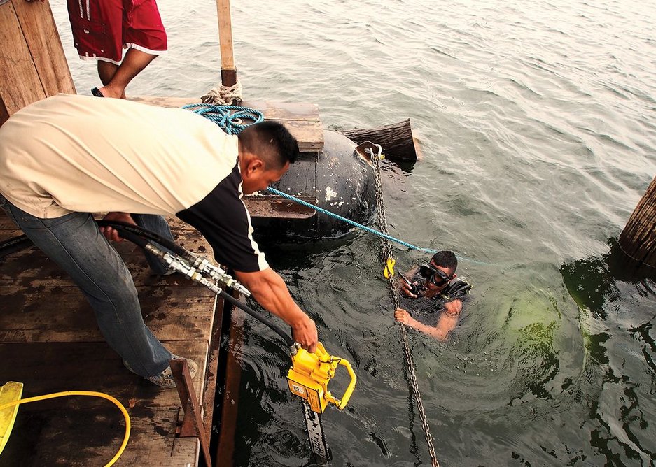 Divers use hydraulic chainsaws to ‘fell’ trees.