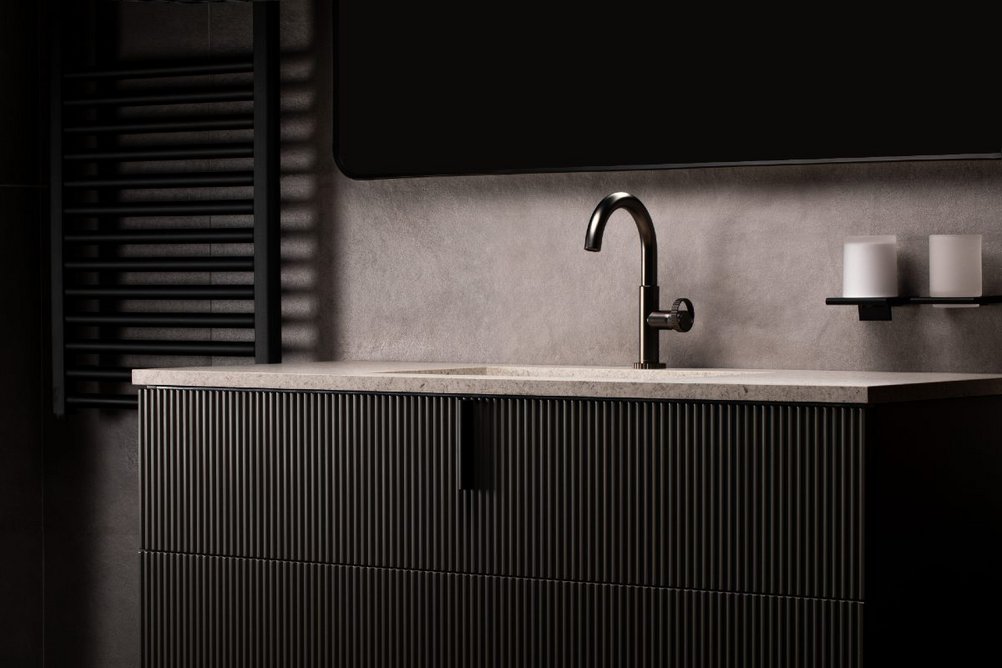 Bagnodesign Orology mixer in Anthracite finish with Orology wall-mounted, double drawer vanity unit.
