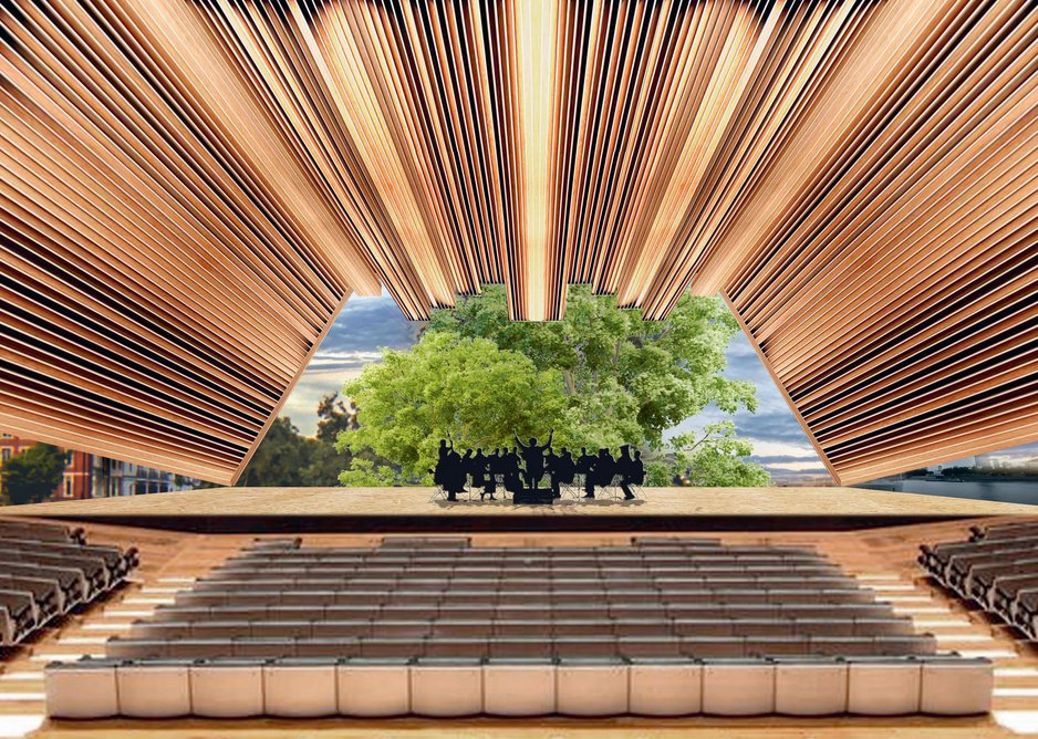 View from the bar towards the stage with acoustic canopy above.