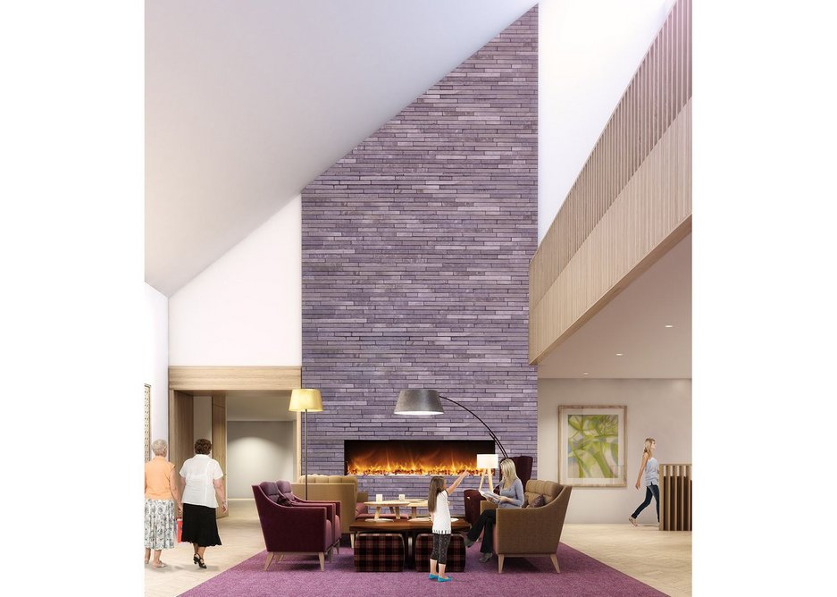 The sitting room and fireplace are the first things one sees on entering the new hospice building.