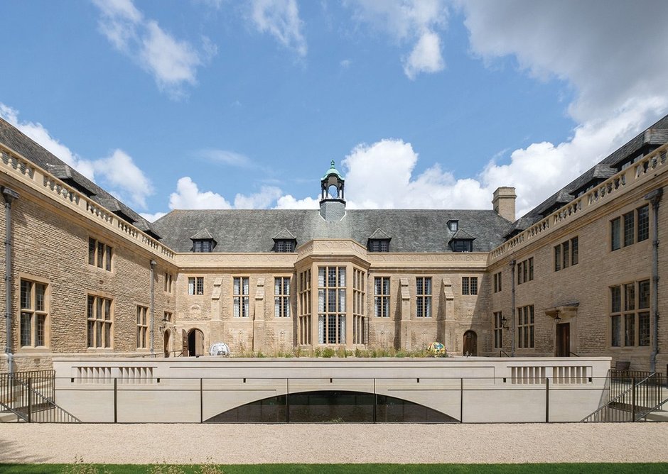 The conference centre has been cleverly sunk on the south side of Rhodes House. Its Diocletian window is seen beyond the new lightwell with emergency escapes.