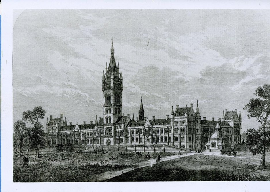 Scott designed numerous education buildings including the University of Bombay and Glasgow University – this illustration from 1866.
