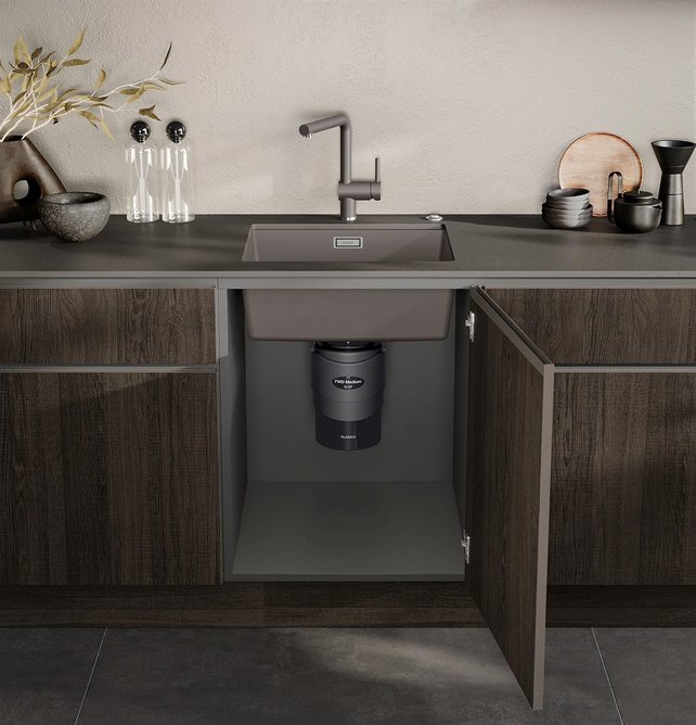 Food waste disposers can be integrated as part of the Blanco Unit system. Shown with new Silgranite colour Volcano Grey sink and tap.