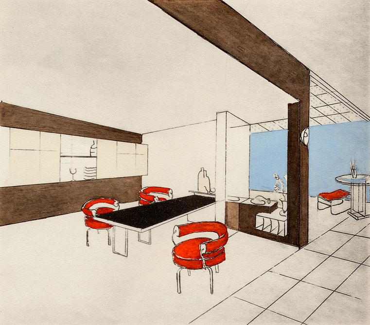 Perspective drawing by Charlotte Perriand of the dining room in the Place Saint-Sulpice apartment-studio, Paris, 1928. © AChP/ © ADAGP, Paris and DACS, London 2021. From Charlotte Perriand: The Modern Life at the Design Museum