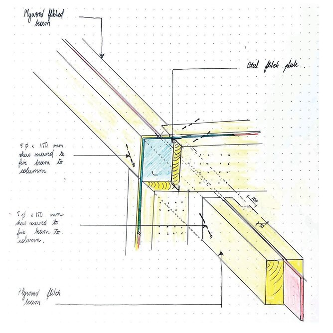 Structure Workshop’s initial sketch of the flitch plate details for the beams.