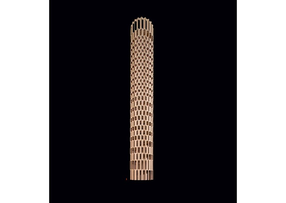 A model of dRMM's 160m timber tower was made specially for the exhibition. Forest of Fabrication exhibition, The Building Centre, London.