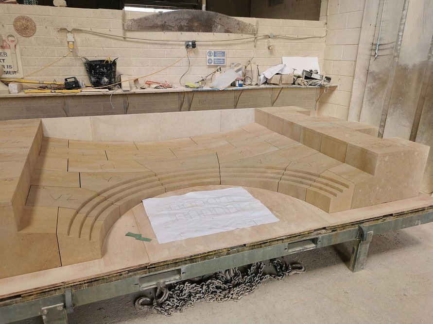 Farmington stone being fabricated for the Cowley Manor pavilion, designed by De Matos Ryan.