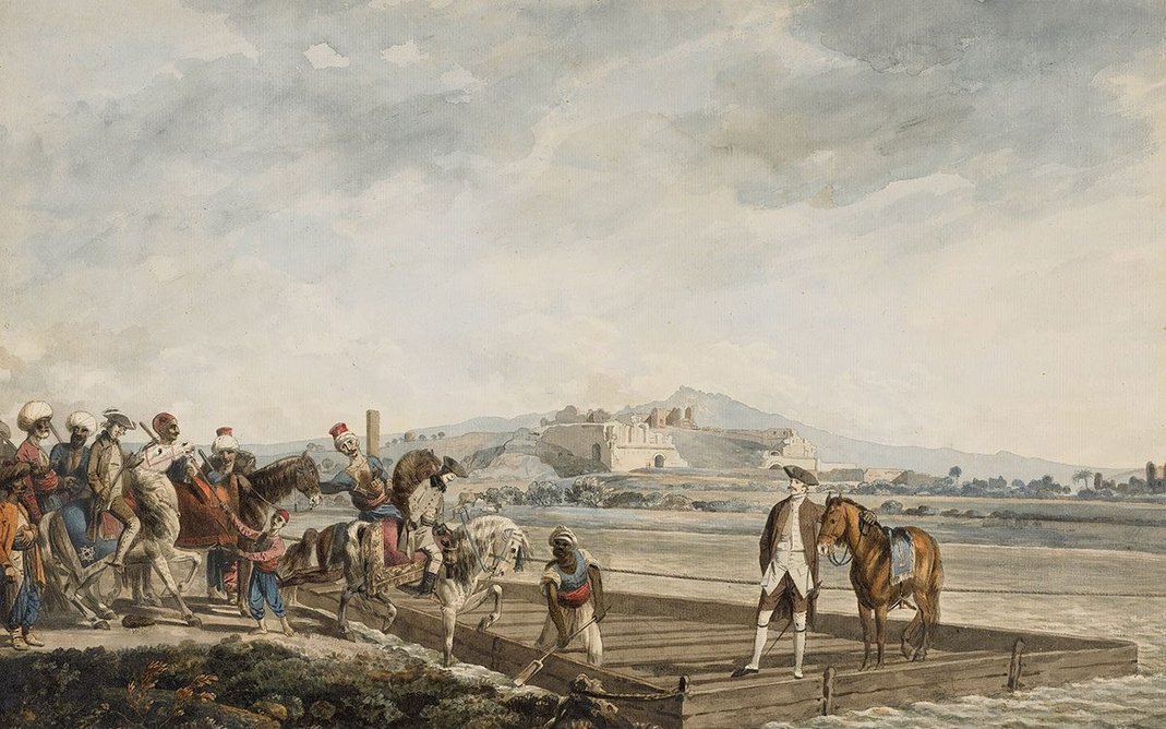 William Pars: The theatre at Miletus with the travellers crossing the river in a ferry. Pen and black ink with watercolour and gum arabic, October 1764 © Trustees of the British Museum