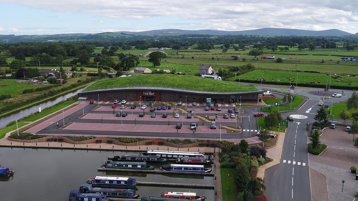 Sika extensive green roofing system at The Flower Bowl entertainment centre, Preston.