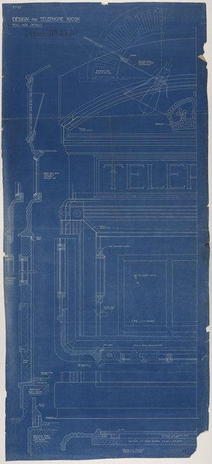 Reproduction of Giles Gilbert Scott’s own copy of full-sized details of his K2 telephone kiosk (c. 1924), that Stamp described as “the distillation of the essence of classicism”. The campaign to save, and statutorily list, Scott’s kiosks, was one of Stamp’s most important causes as an activist.