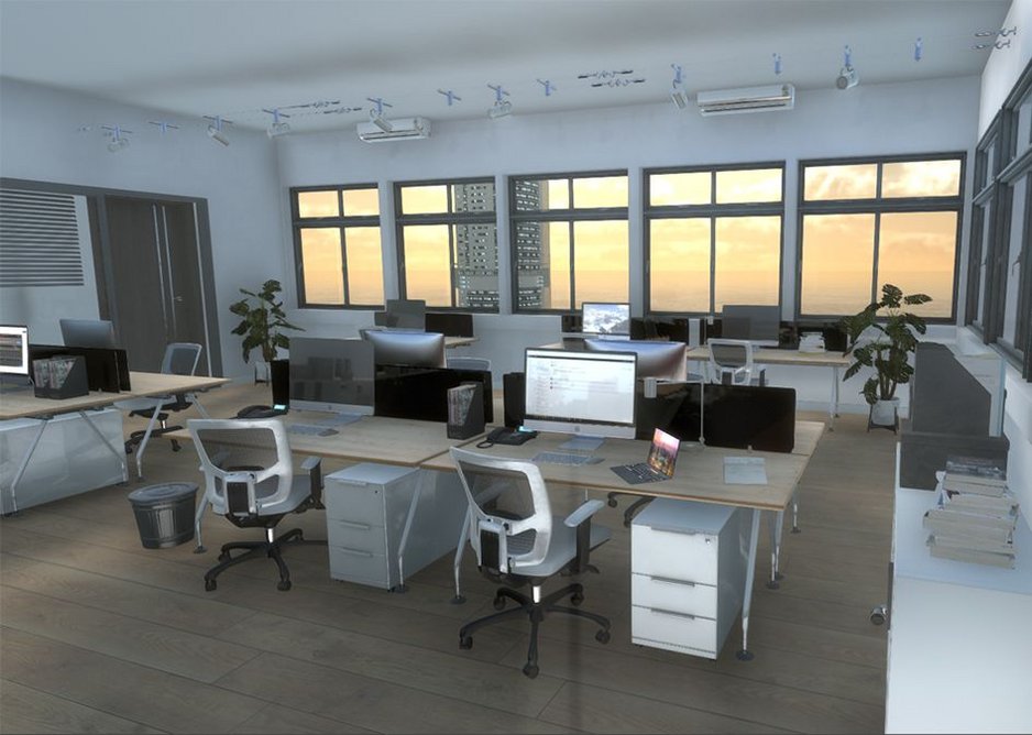 Office Replica Scene for Bath VSimulators: Understanding what kind of movement is acceptable and the level at which negative responses occur could inform designs for the next generation of tall buildings.