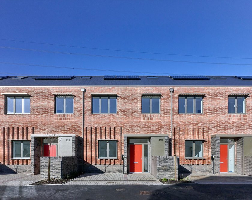Bell Phillips’ Riverside Road housing for Watford Borough Council, a terrace of five family homes that the firm designed according to Passivhaus principles.