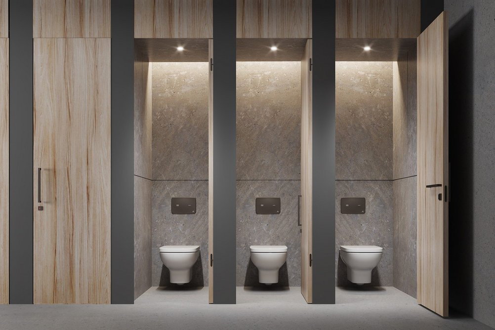 Ideal Standard Blend Cube wall-hung toilets with Altes NT1 Electronic Ceramic Dual flushplates.