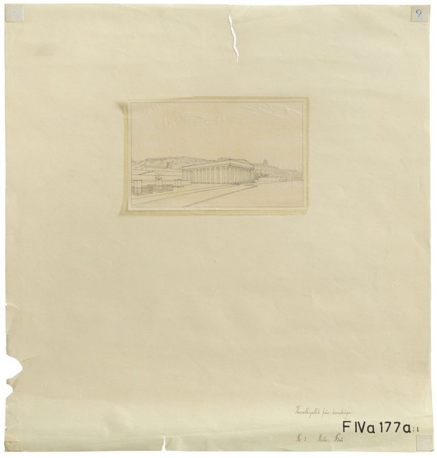 Competition drawings, Kviberg Cemetery Ink, pencil and watercolour on tracing paper mounted on paper, 1927, 37 × 38 cm, Region Västra Götaland and City of Gothenburg Archives.