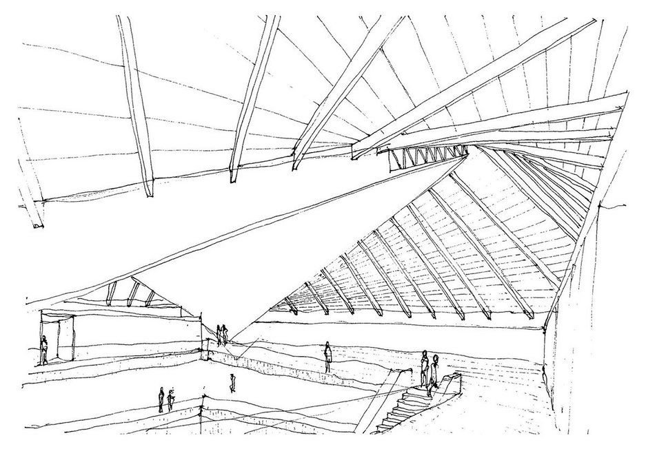 John Pawson sketch 1 - how the new building meets the old roof.