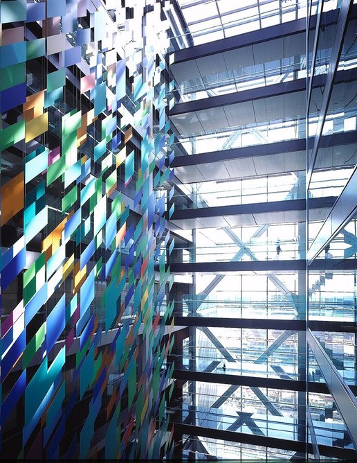 Citibank headquarters, London, designed by Foster + Partners (1999). Jan Landolt worked closely with artist Bridget Riley on the sculpture in the atrium.