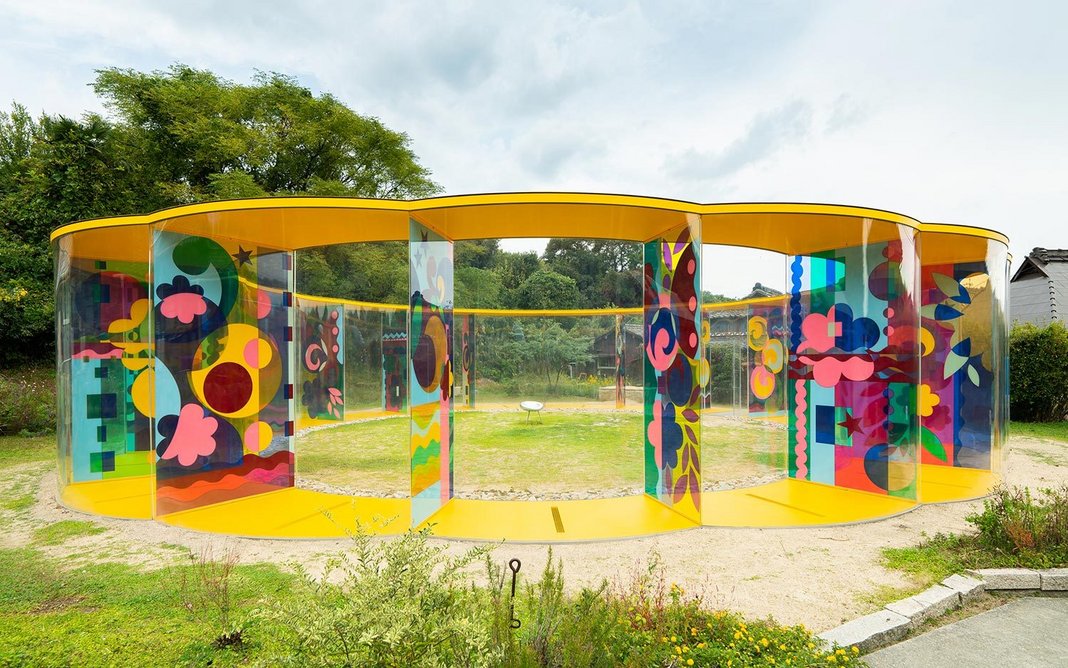 A-Art House with Yellow Flower Dream by Beatriz Milhazes, 2018, part of the Inujima Art House Project. The pavilion is designed by Kazuyo Sejima & Associates.