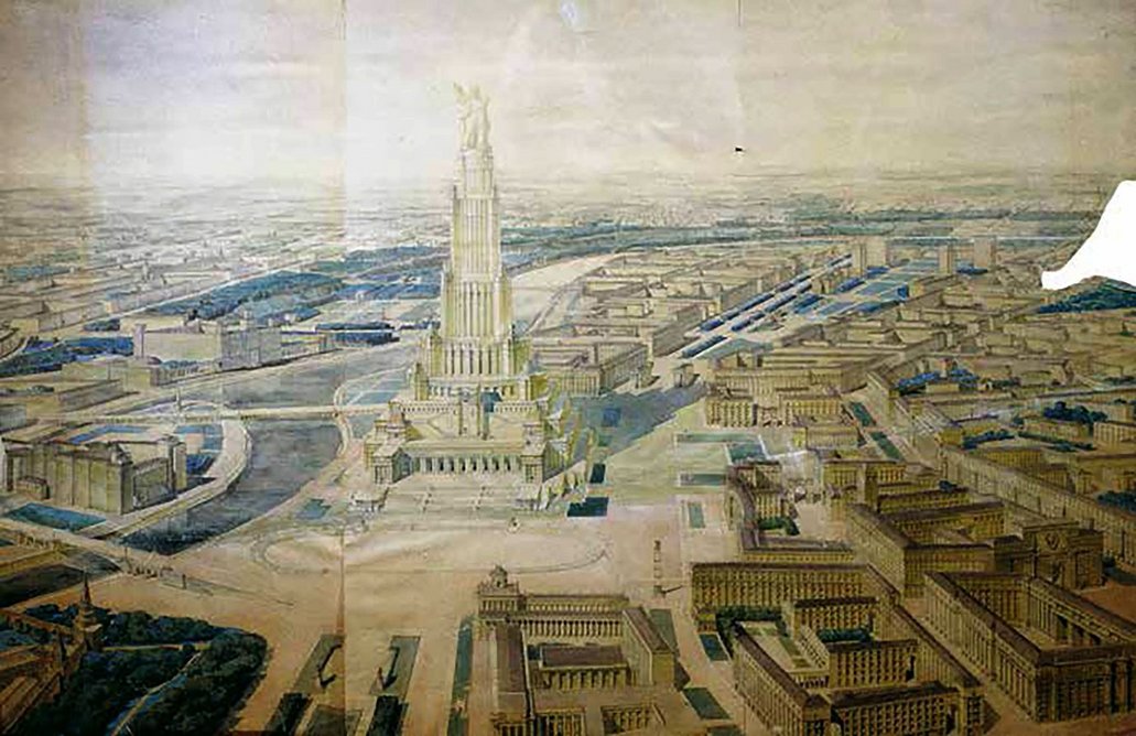 The 1939 version of the design for the Palace of the Soviets. Iofan’s House on the Embankment is shown just across the river, with one of the Kremlin’s spires.