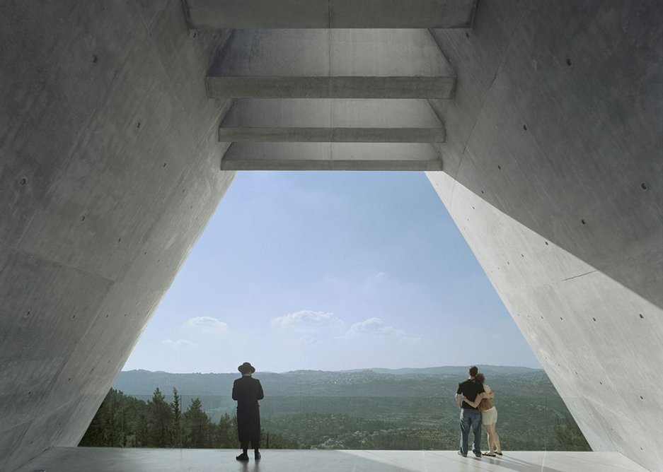 Emerging from the prism at Yad Vashem Museum.