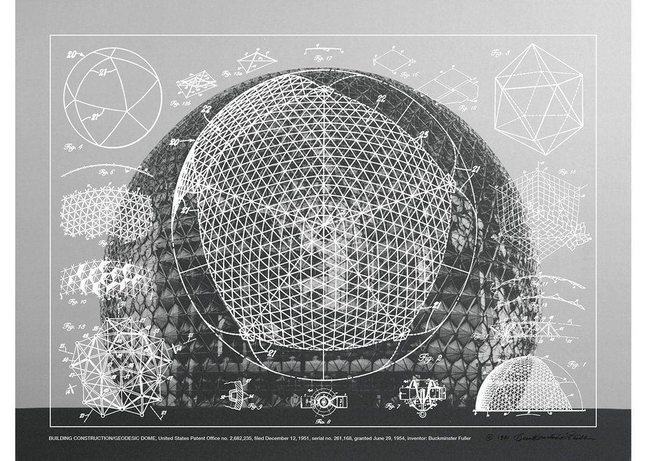 Building Construction/Geodesic Dome, United States Patent Office no 2,682,235, Buckminster Fuller and Chuck Byrne, 1951. Screen print in white ink on clear polyester film. San Francisco Museum of Modern Art.