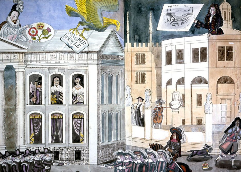 Cartoon for murals at Blackwells Bookshop, Oxford with Sir Christopher Wren showing the plan of the Sheldonian Theatre above.