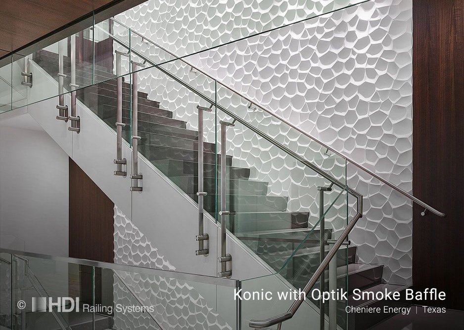 Konic balustrade featuring Optik Smoke Baffle, which provides virtually invisible overhead glass screens to restrict smoke movement and airflow.