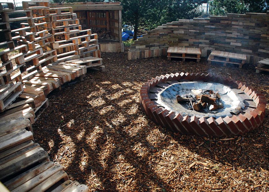A fire pit with a brick surround has a 'neolithic' appearance.
