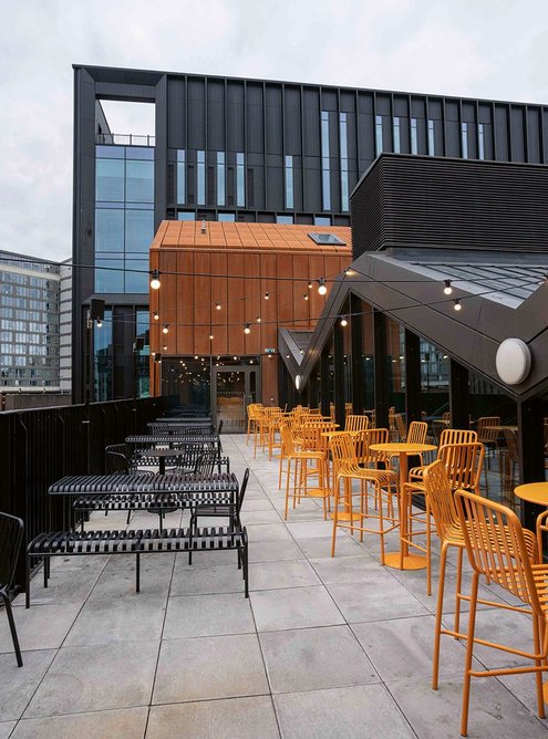Seating on roof-level terraces provides a sense of how the development relates to surrounding streets.