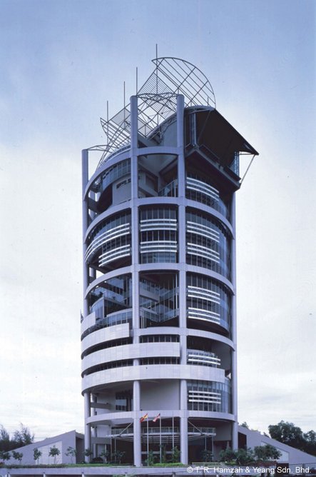 Menara Mesiniaga bioclimatic tower, designed by TR Hamzah & Yeang and completed in 1991 near Kuala Lumpur.