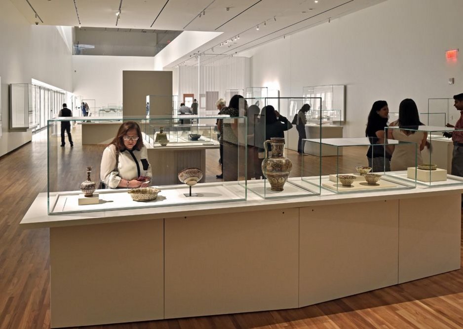 Double-height permanent collection gallery showing Maki’s hexagonal angled-lens diffusers to bring in top light.