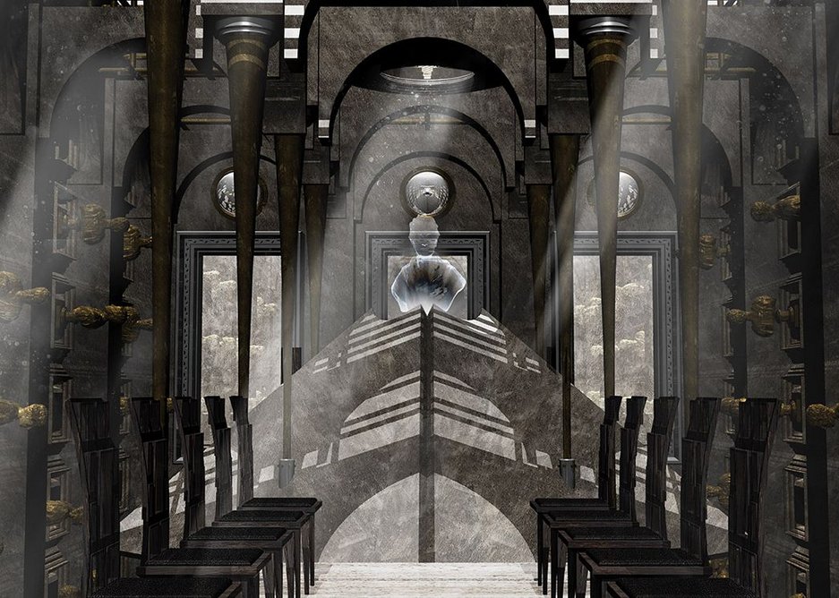 Cenotaph, with golden statues of architects lining the walls beneath an inverted dome.  A hologram machine generates an image  of Soane.