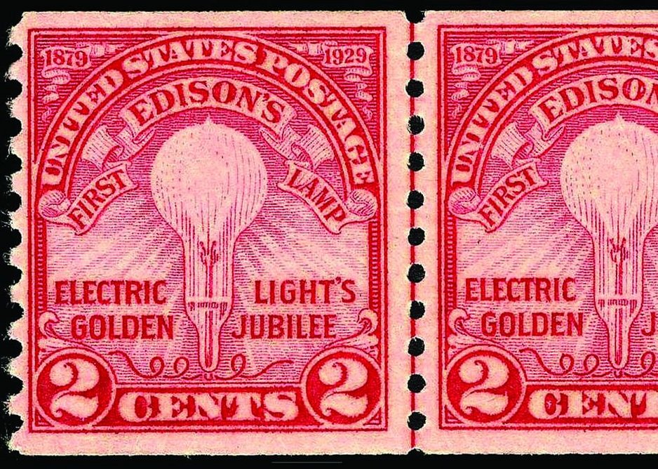 “Electric Light’s Golden Jubilee” commemorative two-cent stamp, issued in 1929 by the U.S. Post Office, to celebrate the 50th anniversary of Thomas Edison’s demonstration of the incandescent light bulb.