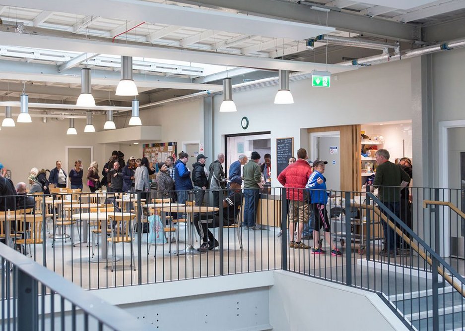 Inside at the café and food bank. The building has dramatically increased the charities ability to help out locals. MacEwen Award 2019 shortlisted Mustard Tree, Ancoats, Manchester by OMI Architects