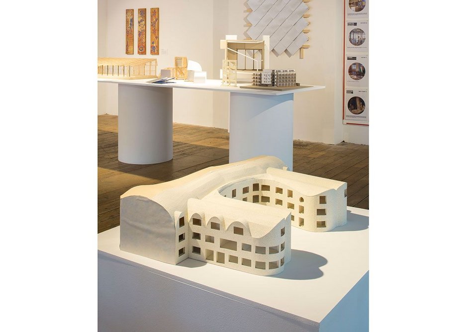 Installation view of Architecture Prototypes & Experiments. In the foreground is a working model for David Kohn Architects’ New College Oxford, due for completion in 2021.
