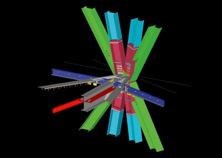 The ninth floor junction illustrates the complexity of the exoskeleton/internal structure interface.