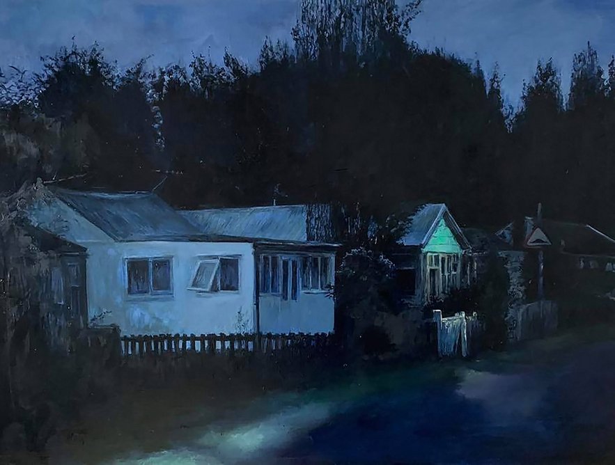 Night Fitties: Do not walk on the grass verge by Judith Tucker, 2019, from the Where We Live exhibition at Millennium Gallery, Sheffield. The painting is part of a series of views of chalets at the Humberston Fitties in North Lincolnshire