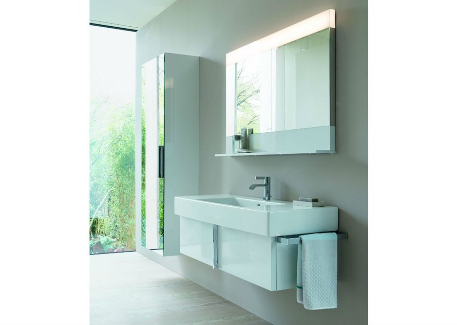 Vero vanity, mirror and tall cupboard in white.