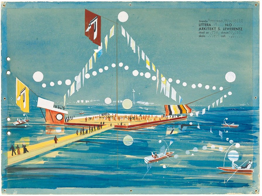 Perspective of floating dance floor, Stockholm Exhibition, watercolour, gouache and pencil on cardboard, 1930, 29 × 39 cm, ARKM.1973-05-05006.