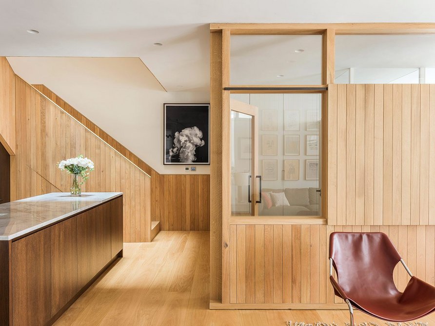 Prewett Bizley Architects, mews house deep retrofit, view of living room kitchen.