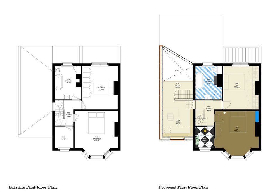 Existing and proposed first floor plans.