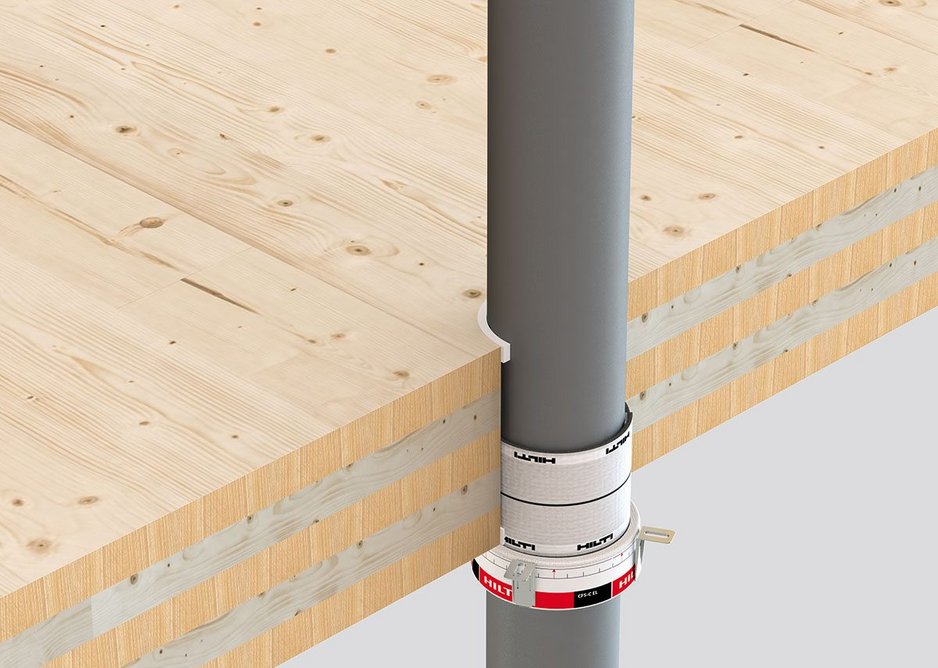 Brockett outlined various means that Hilti had employed, such as the CFS-SL sleeve and CFS-CC collar, to mitigate the potential ﬁre eﬀects on solid CLT construction.