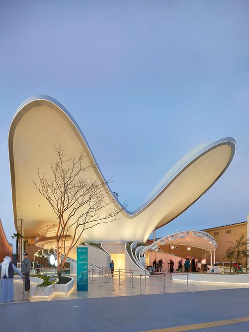 The wing-like roof of the Kuwaiti pavilion is a gesture of welcome.
