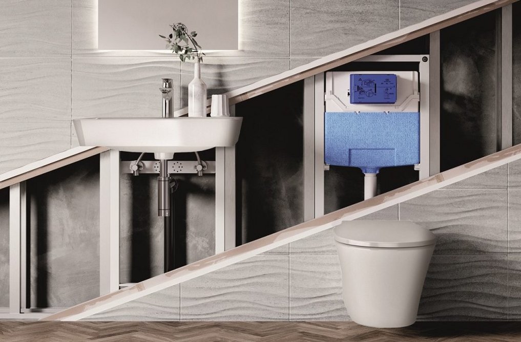 Ideal Standard Prosys in-wall washbasin and WC frames with Connect Air ceramics.