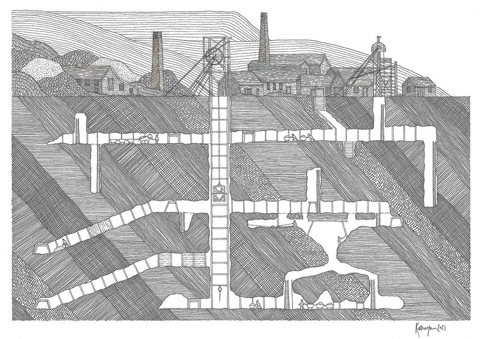 Cilely Colliery. 297mm x 210mm, pen, ink and watercolour.