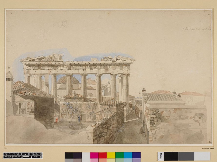William Pars: View of the Parthenon from the east, 1765-6. Pen and grey ink and watercolour, with body colour, over graphite © The Trustees of the British Museum